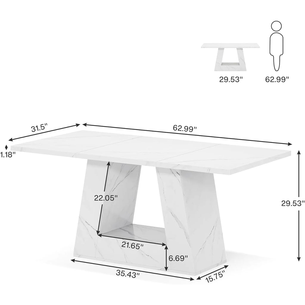 White dining table with dimensions labeled on a white background