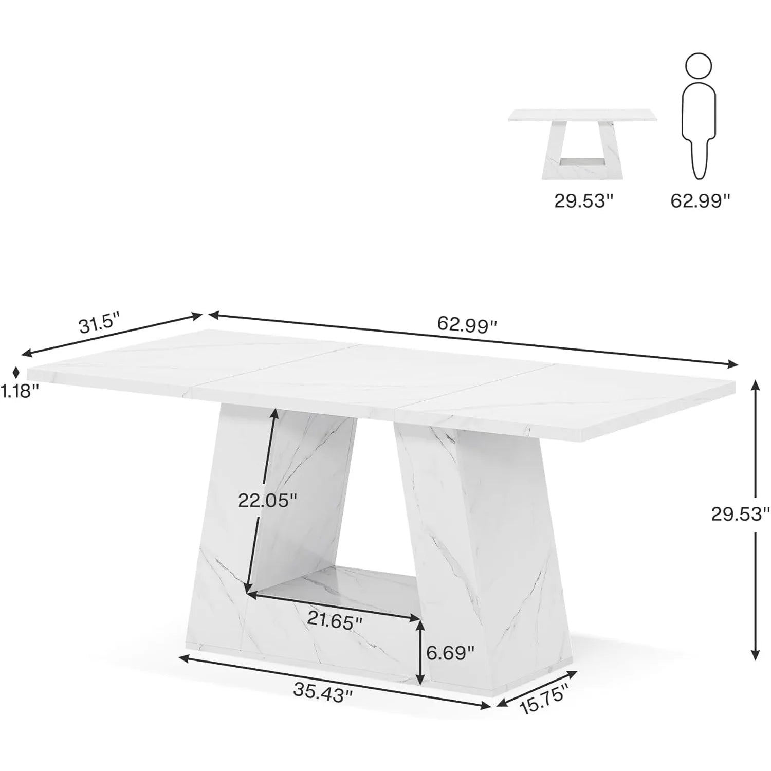 White dining table with dimensions labeled on a white background