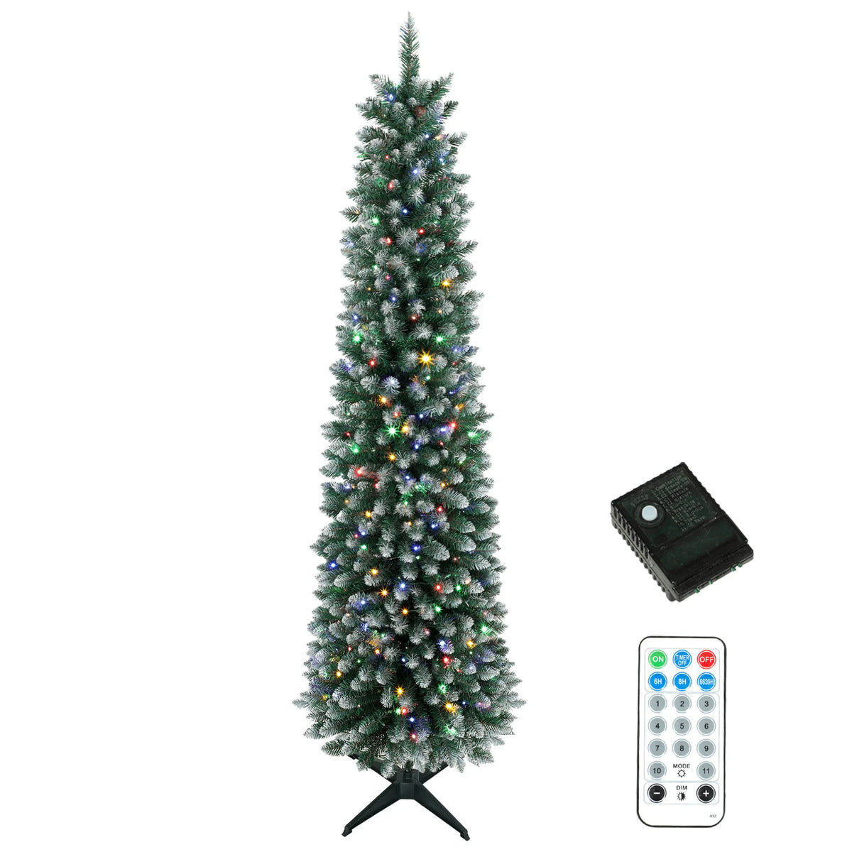 Icebeam slim pre-lit Christmas tree with frosted green-and-white branch tips and dual-color LEDs