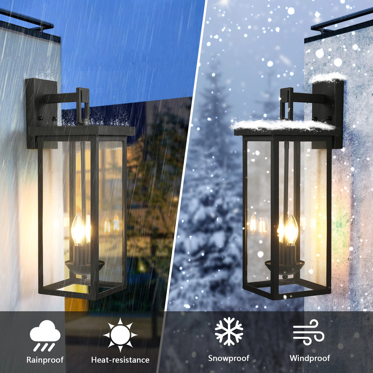 Darriston wall lantern shown in rain, sun, snow, and wind conditions