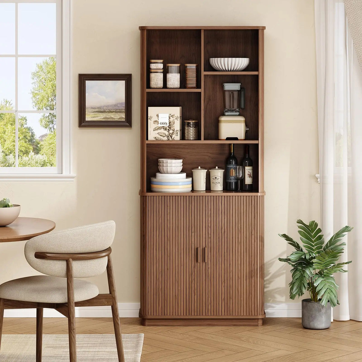 Brown color variant of Hushbloom with open upper compartments and closed fluted lower doors