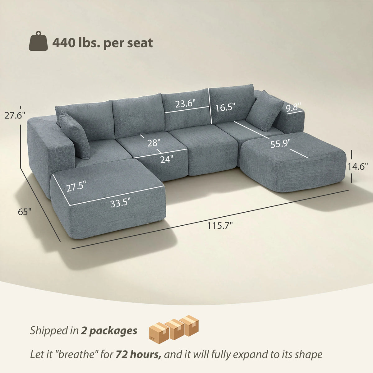 Valegrove dimension diagram with per-seat load, two-package and expansion-time notes