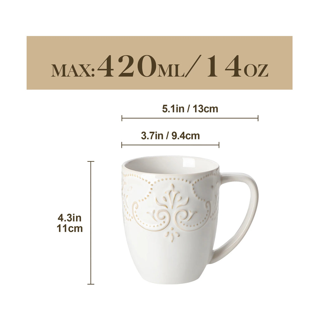 White GISELLE mug diagram showing 5.1-inch width with handle, 3.7-inch rim, 4.3-inch height and 14 fl oz maximum capacity
