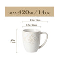White GISELLE mug diagram showing 5.1-inch width with handle, 3.7-inch rim, 4.3-inch height and 14 fl oz maximum capacity