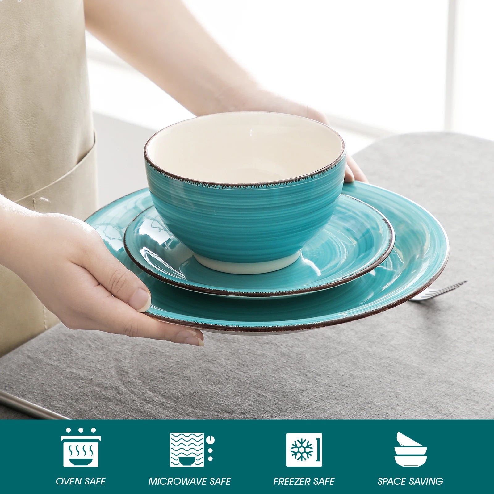 VANCASSO Bella Stoneware Dinnerware Set – 16/32/48 Pieces, Turquoise
