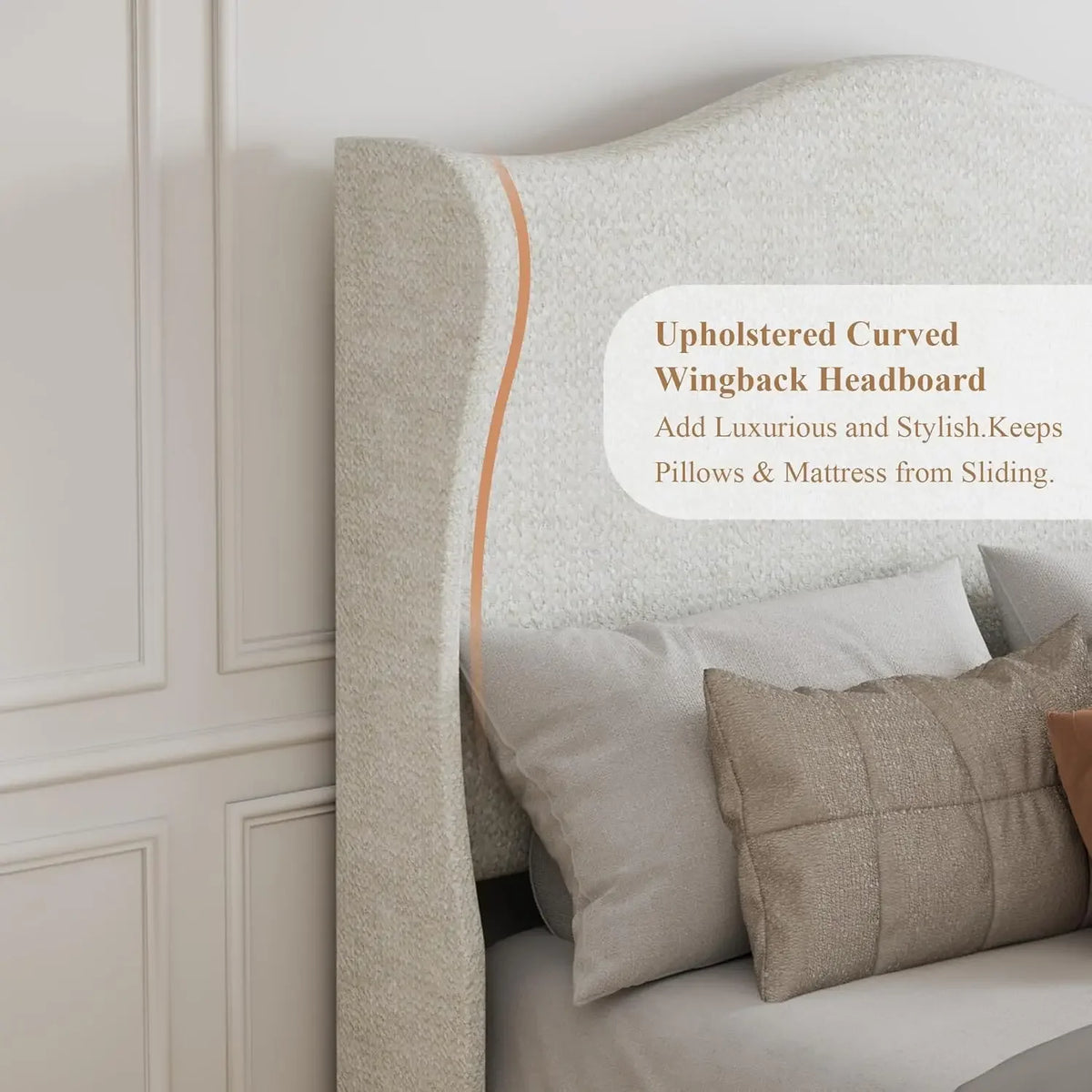 Side profile of curved padded wingback headboard in light beige bouclé