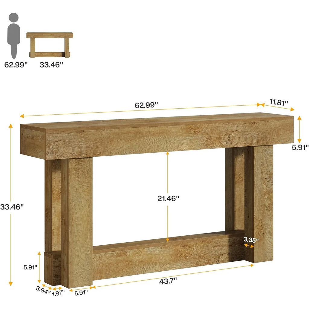 Wooden console table with dimensions on a white background