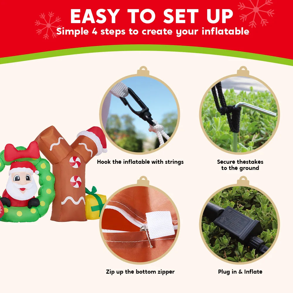 Joyribbon setup graphic showing zipper closure, inflation and outdoor anchoring.