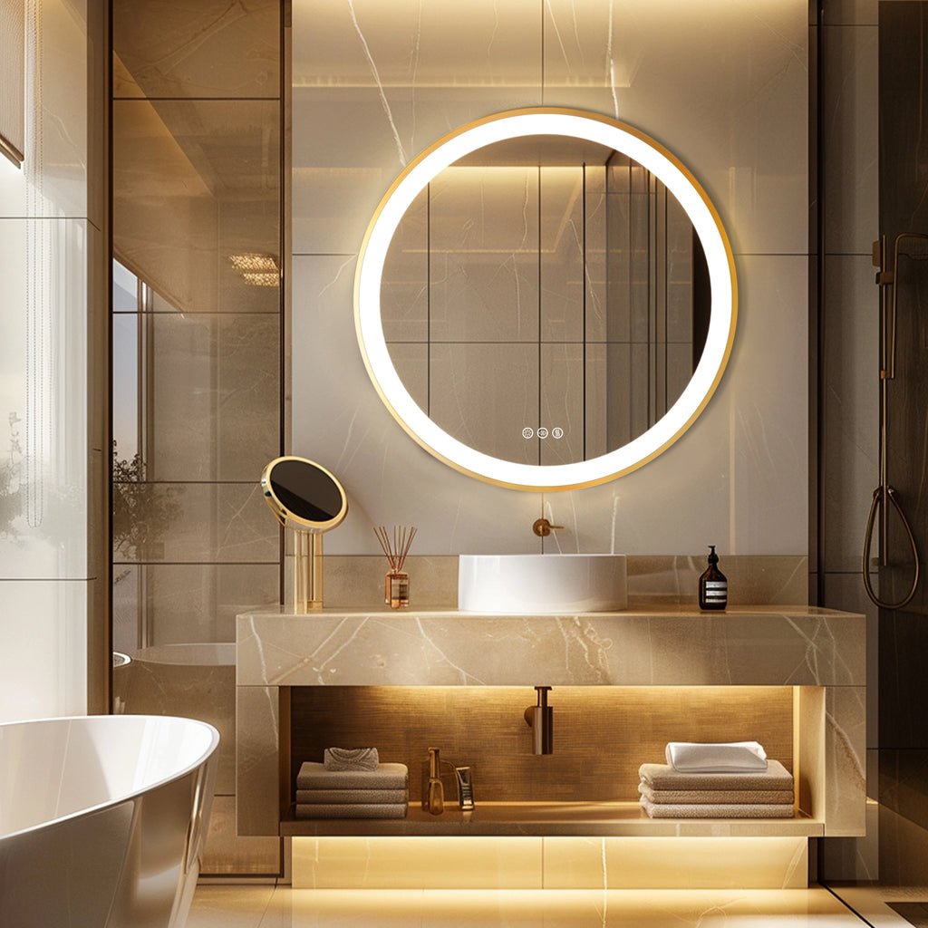 Round LED Bathroom Mirror – Gold Aluminum Frame, Anti-Fog