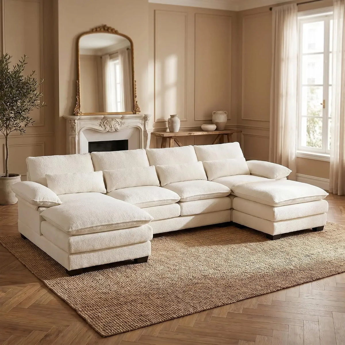 Halewyn sectional in Cream White chenille fabric with two chaise-style ends