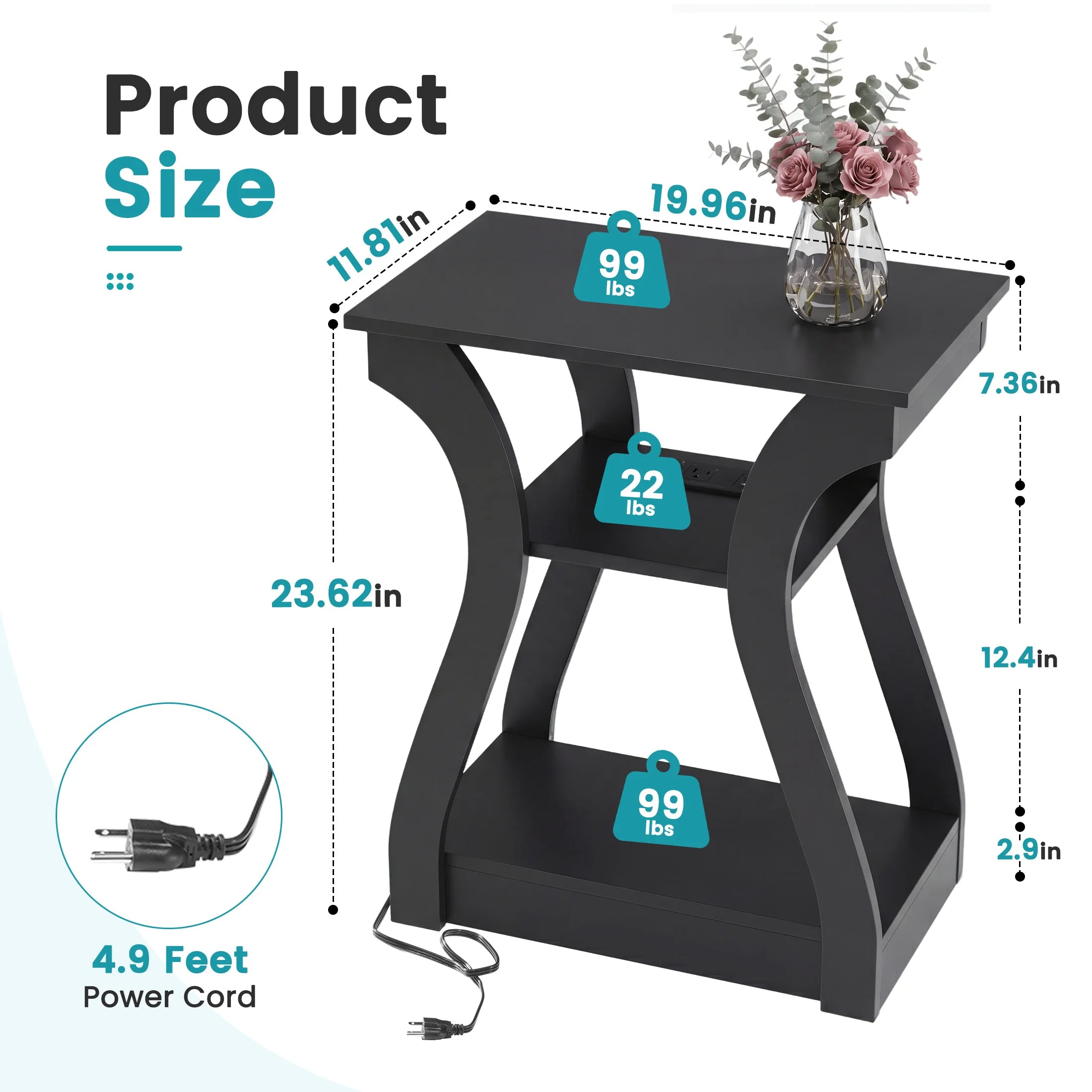Black three-tier side table with dimension labels, weight tags, and a power cord inset on a white background.