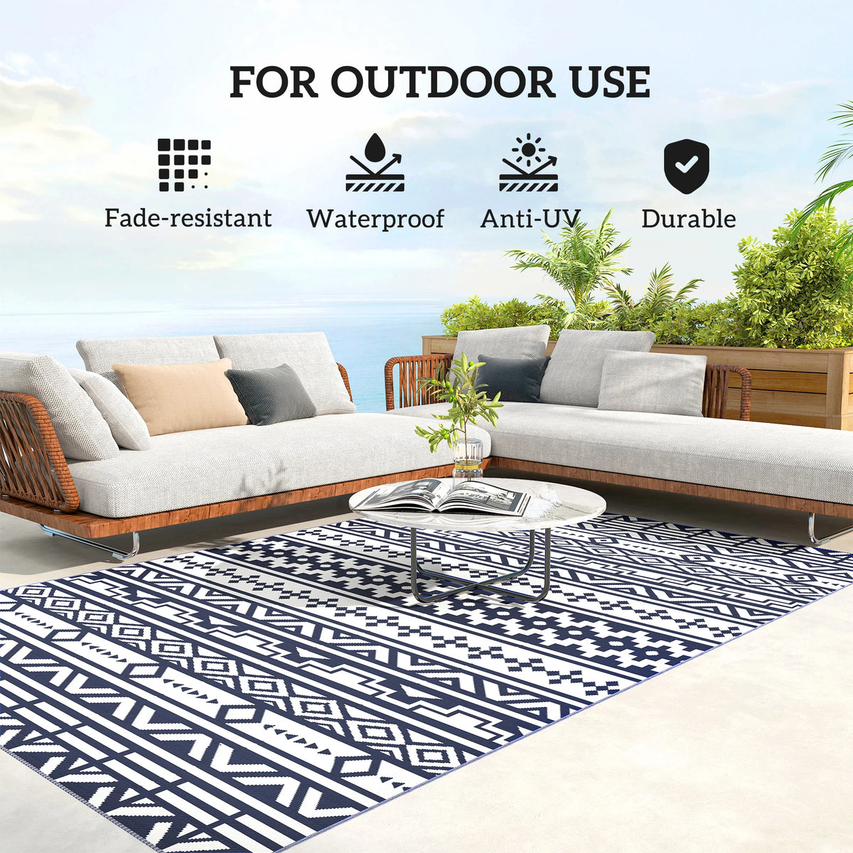 Dreamwhisper outdoor rug feature graphic showing fade resistance, waterproof construction, and UV resistance