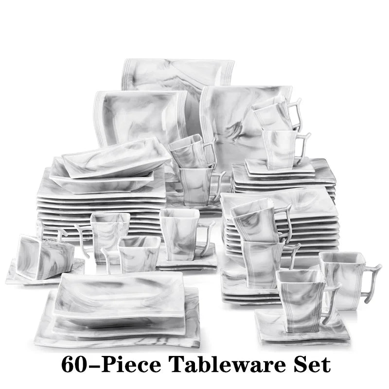 MALACASA Flora Gray & White Marble Porcelain Dinnerware Set – 30/60 Pieces