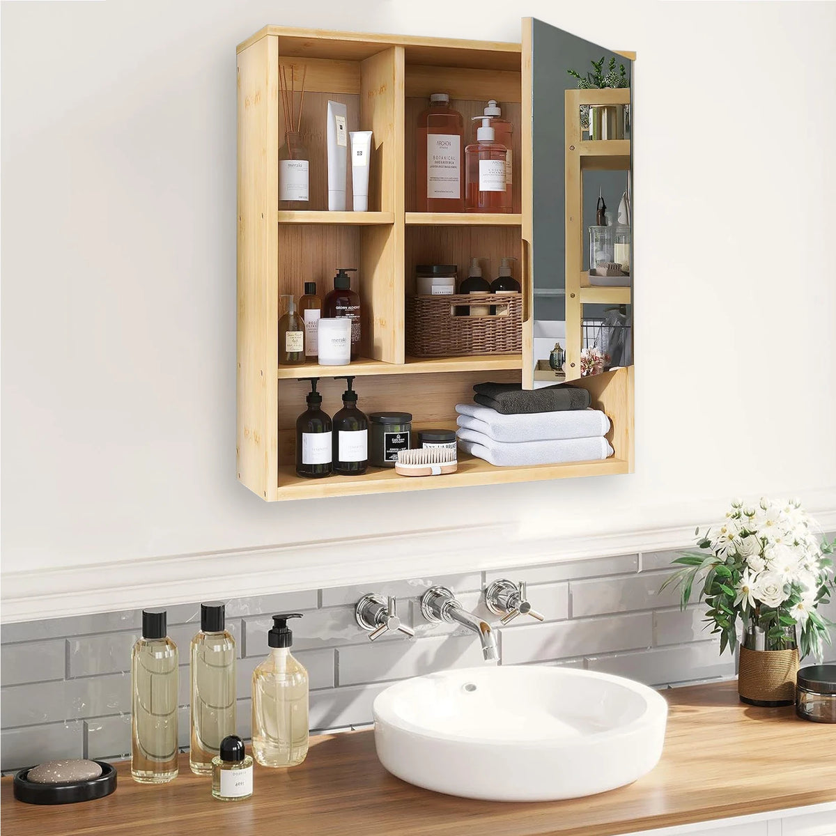 Charmline cabinet with the mirrored door open to show concealed shelving