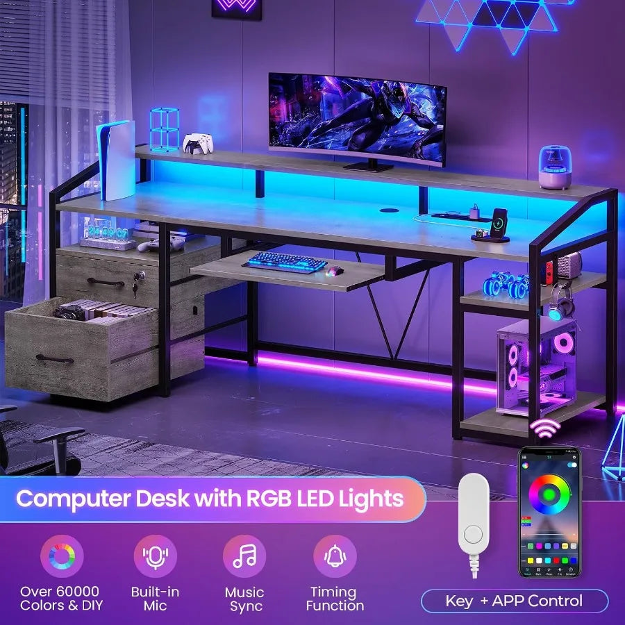RGB lighting feature panel beside a gray desk with app and inline controls pictured.