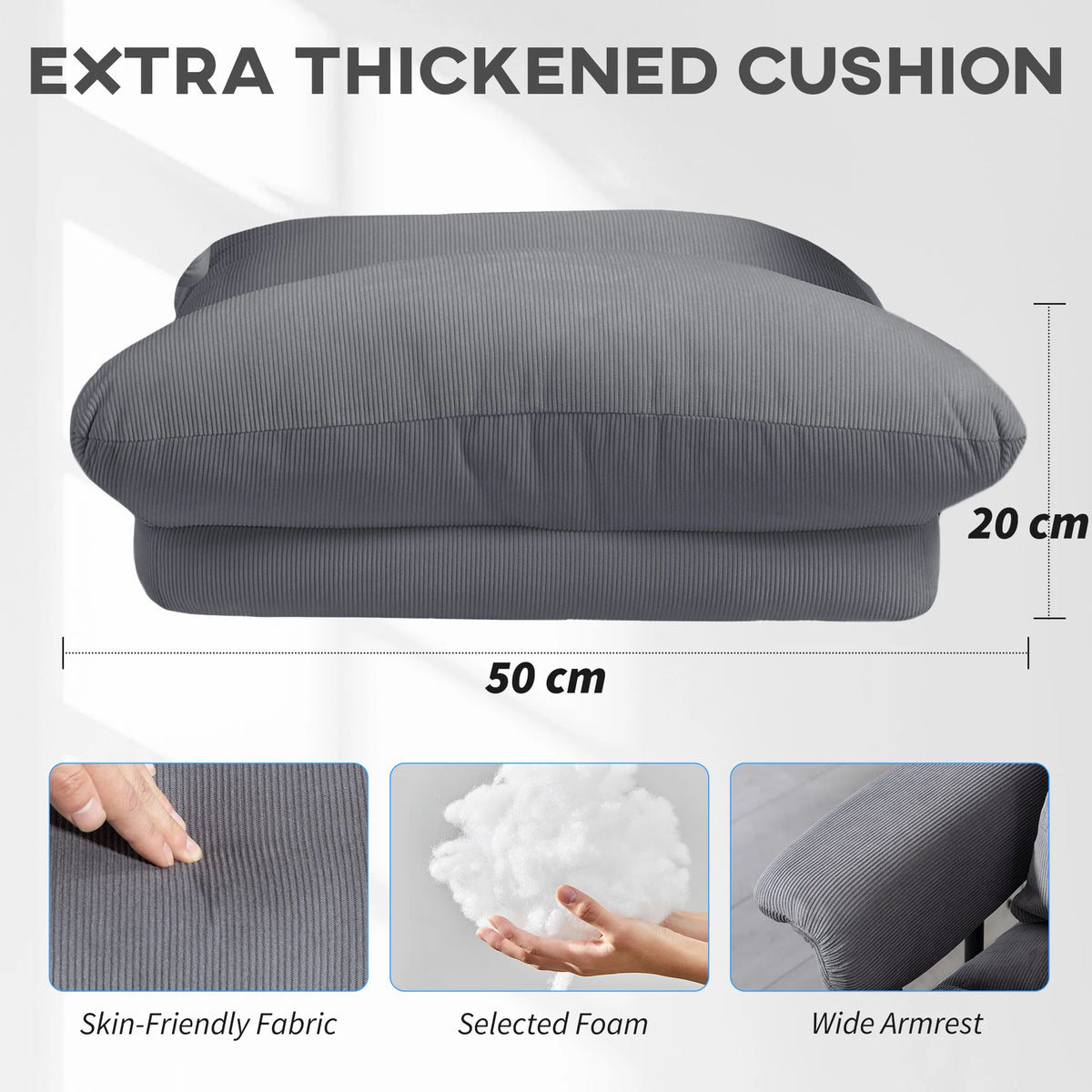 Gray ribbed seat cushion graphic with width and thickness measurements, fabric, filling and armrest close-ups.