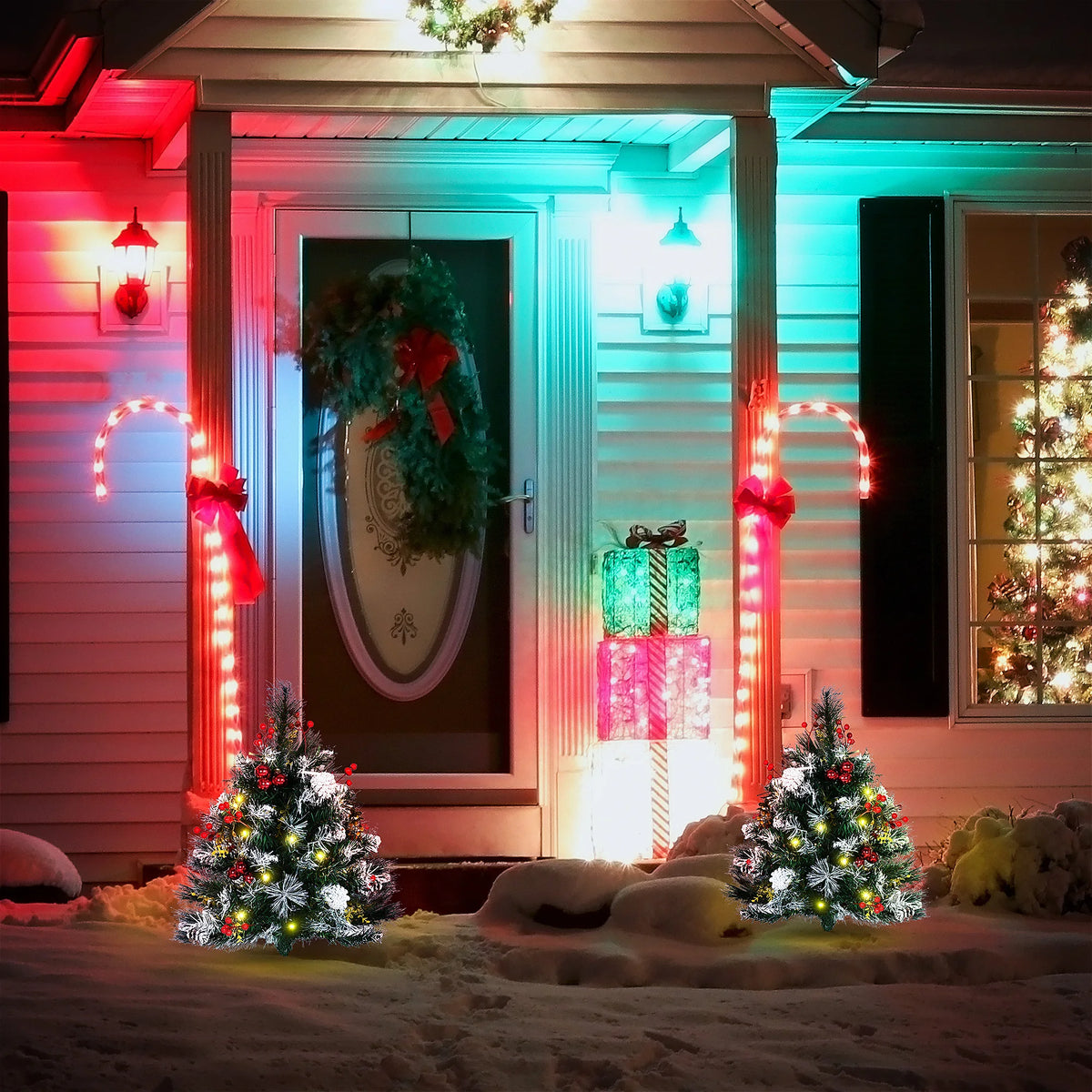 Snowberry pre-lit entryway trees displayed on either side of a holiday front door