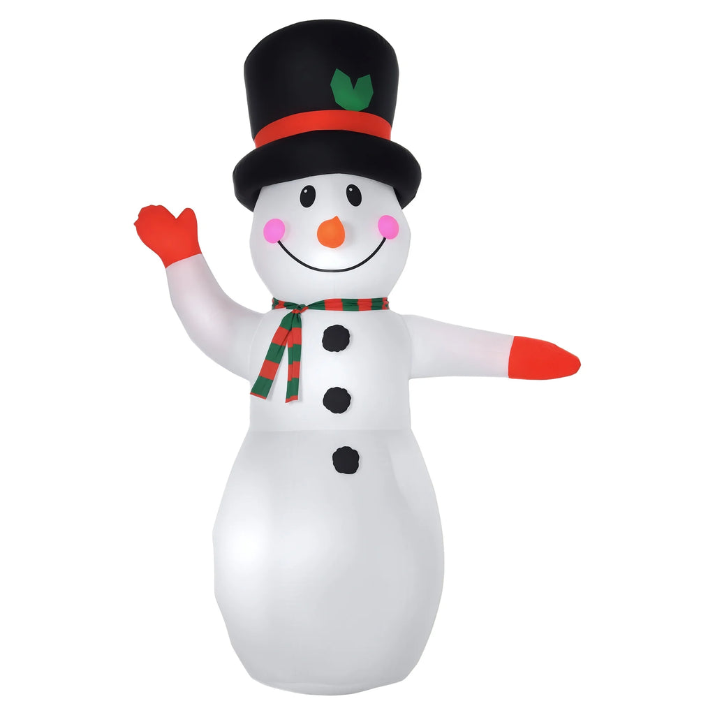 Frostgreet snowman inflatable with a black top hat, striped scarf, red mittens, and three black buttons