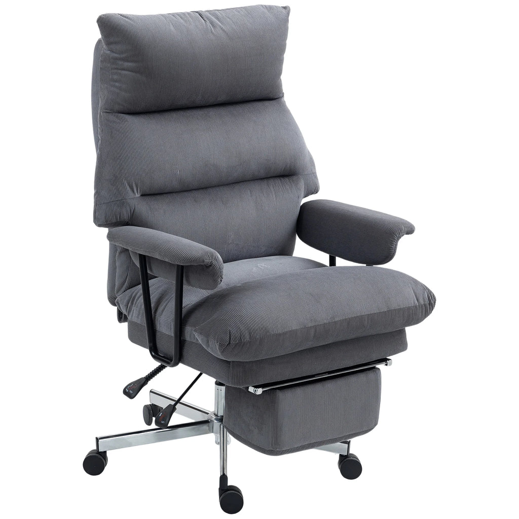 Gray ribbed office chair with a high padded back, upholstered armrests, folded footrest and five-spoke caster base.