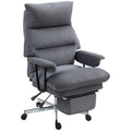 Gray ribbed office chair with a high padded back, upholstered armrests, folded footrest and five-spoke caster base.