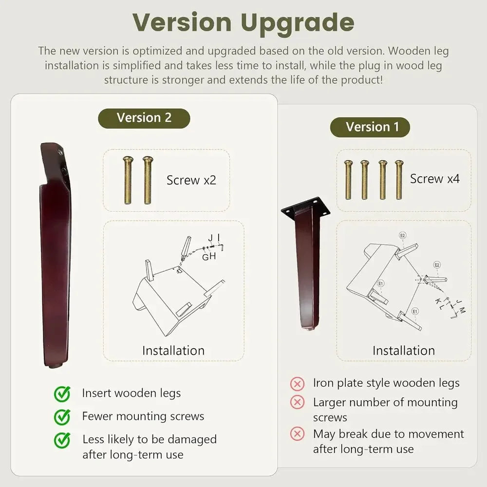 Assembly graphic comparing revised armchair leg installation