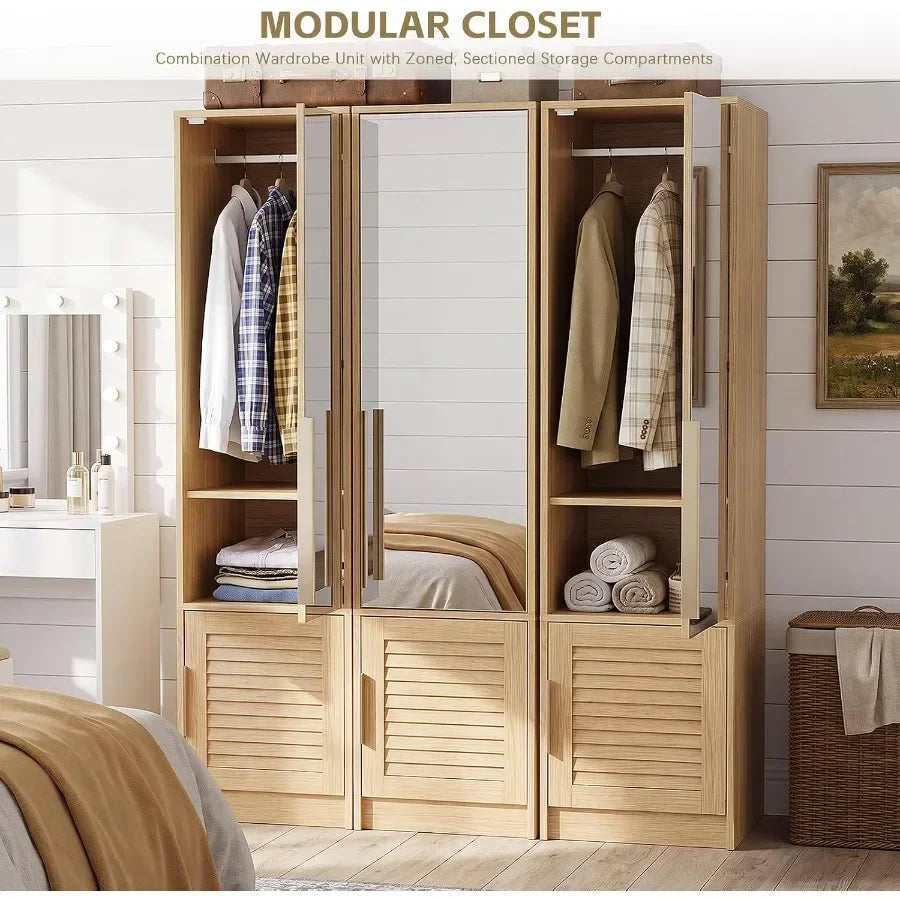 Three narrow armoire units arranged side by side as a modular layout