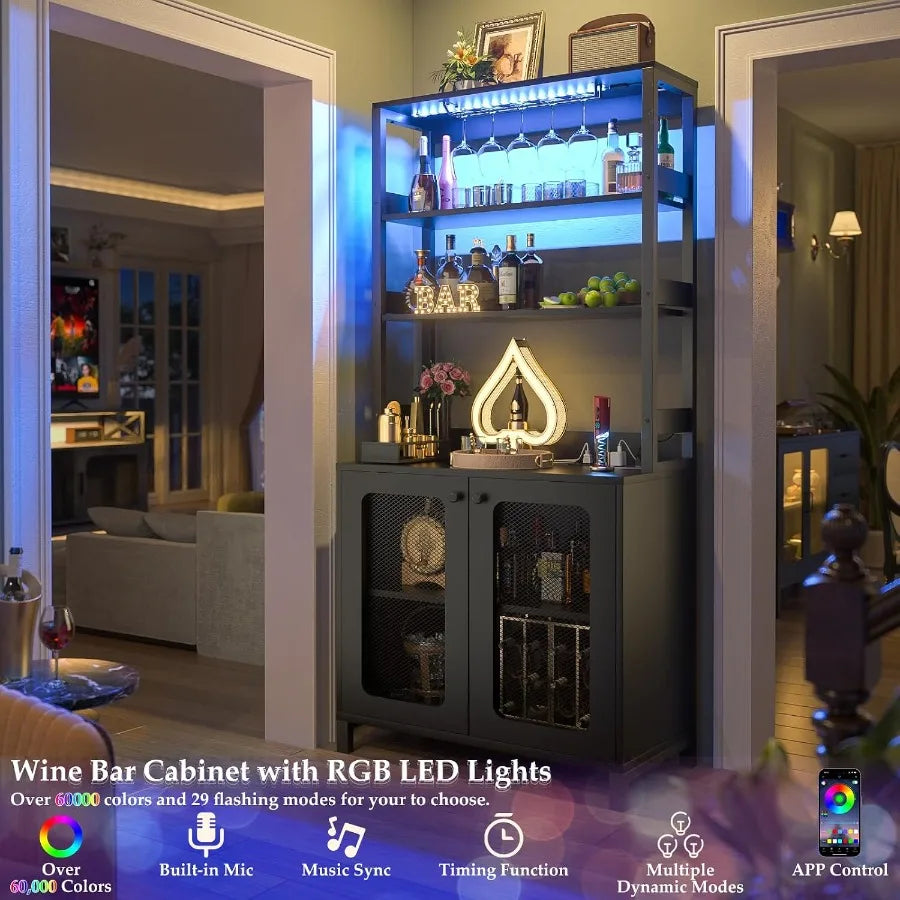 Evening room view of the bar cabinet with blue RGB lights above hanging wine glasses and bottles.