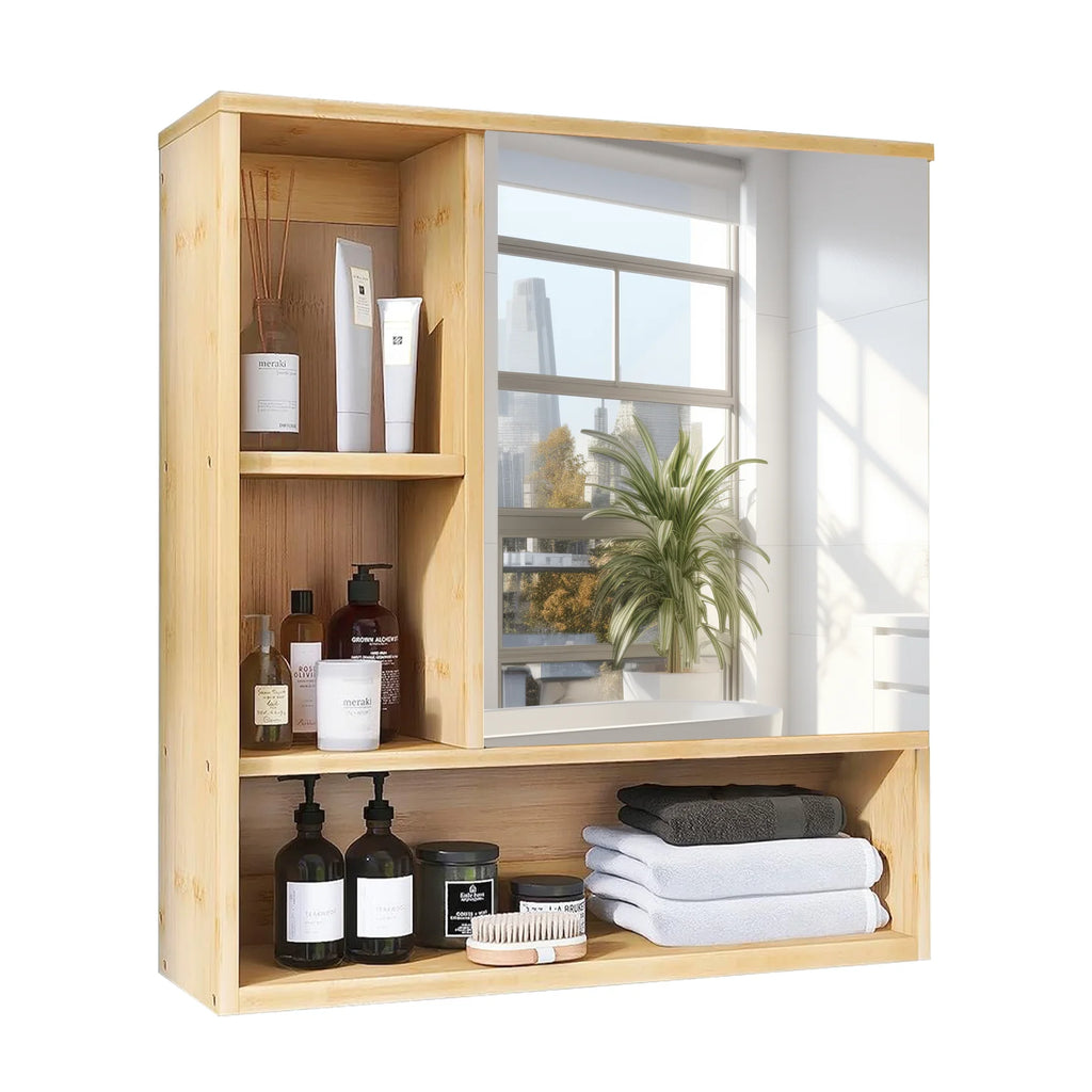 Charmline mirrored bathroom cabinet shown closed with open side and bottom storage