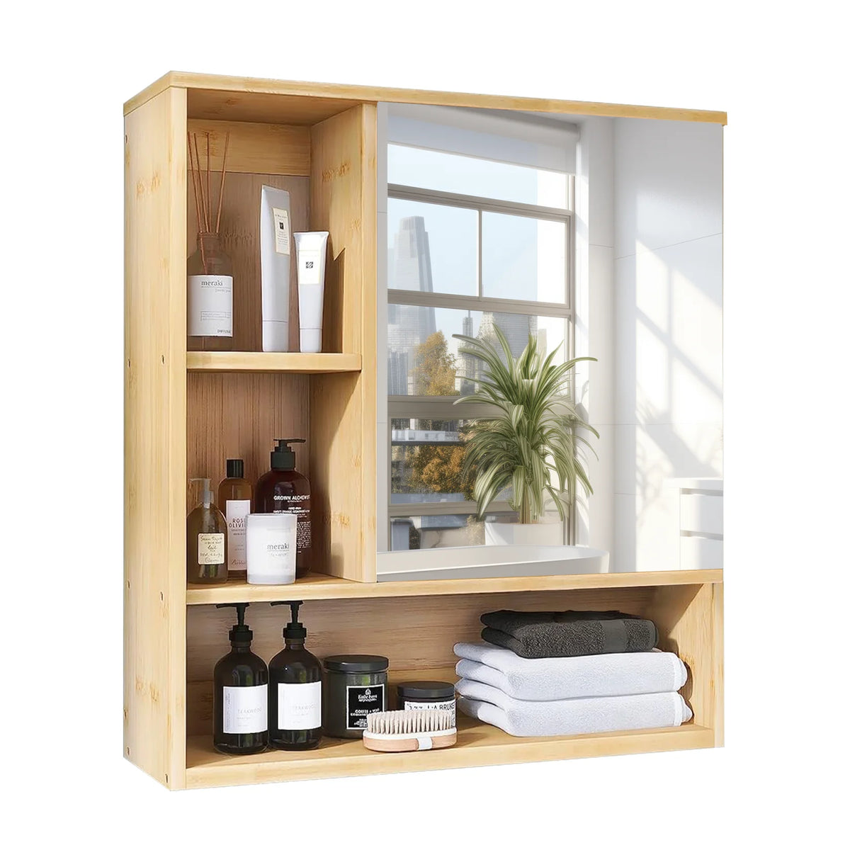 Charmline mirrored bathroom cabinet shown closed with open side and bottom storage