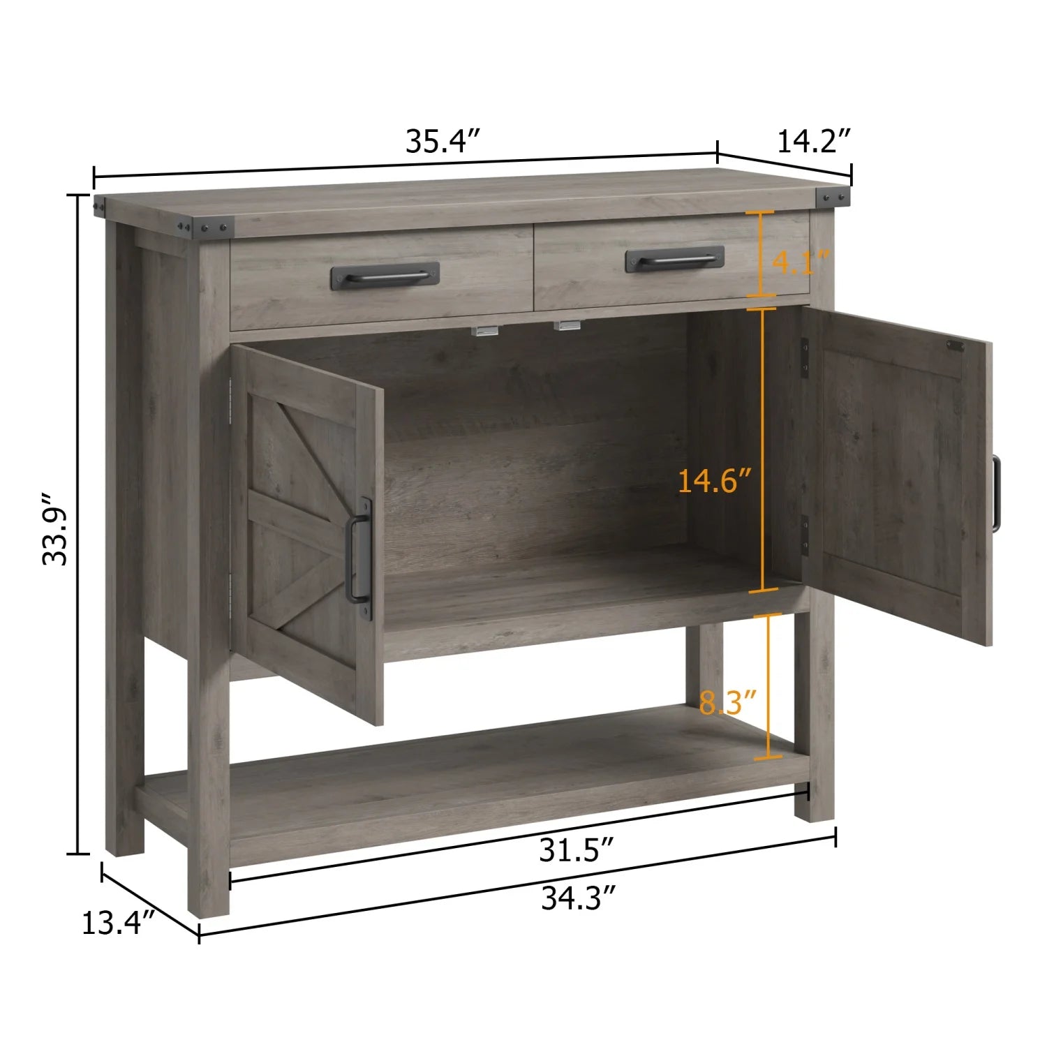 Gray wooden console table with dimensions labeled on a white background