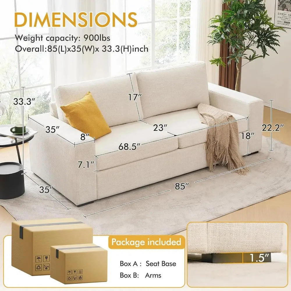 Elarwyn Beige sofa measuring 85 inches wide, 35 inches deep, and 33.3 inches high, with a maximum total load of 900 lbs.