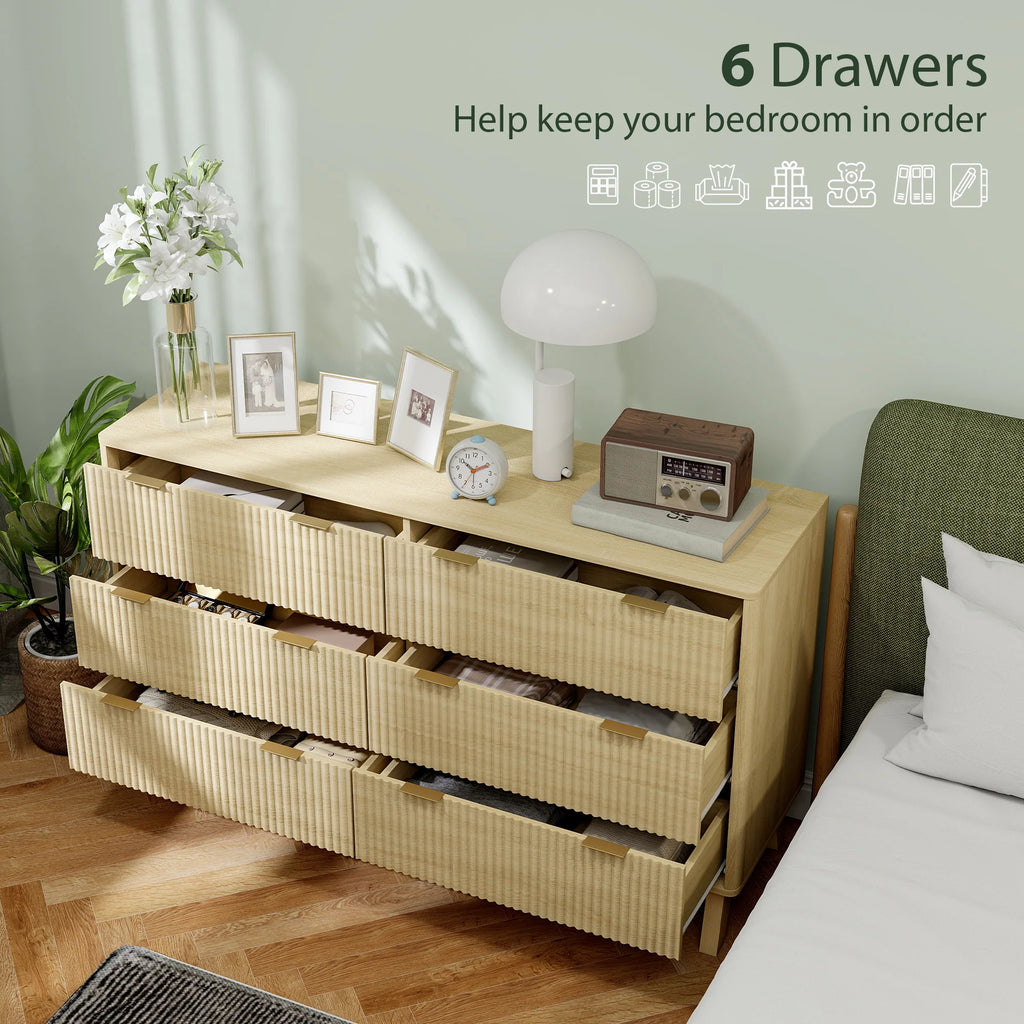Sunbeamcrest six drawers shown open with clothing stored inside.