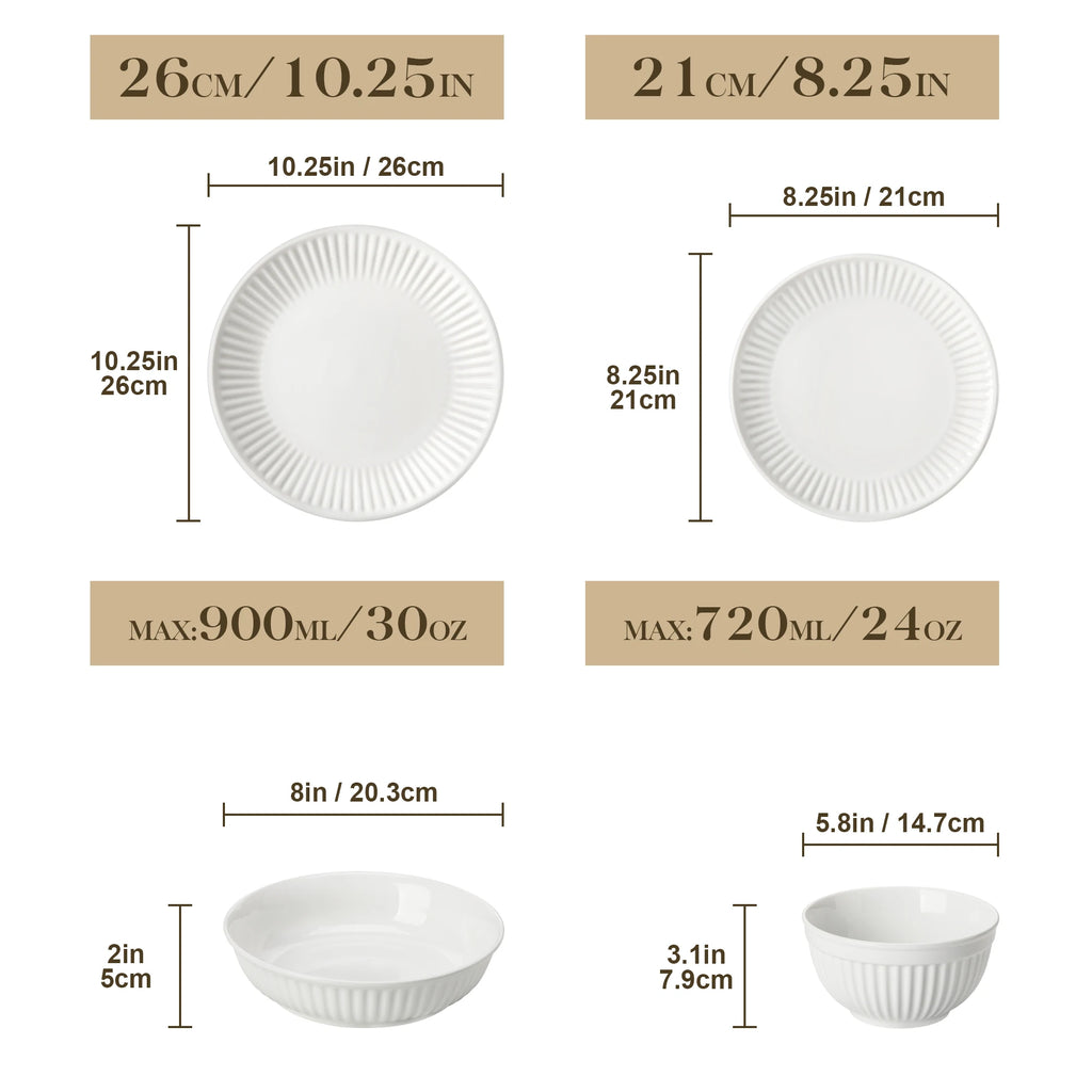 MALACASA LEILA Porcelain Dinnerware Set – White or White with Black Rim, 12–32 Pieces