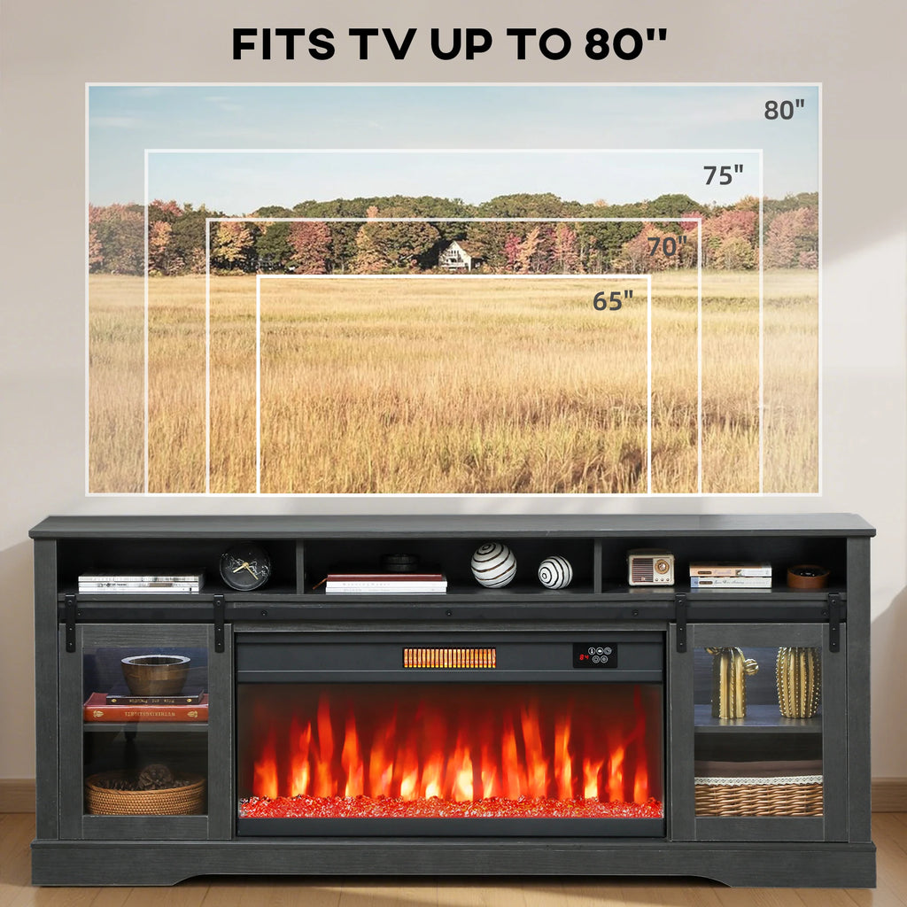 Threadveil fireplace TV stand with television size guide for screens up to 80 inches.