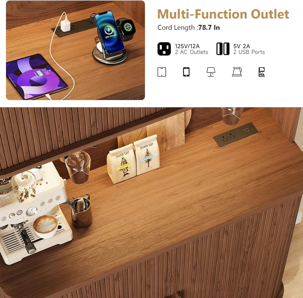 Sablenote brown cabinet power panel with two AC outlets, one USB-A port and one USB-C port.