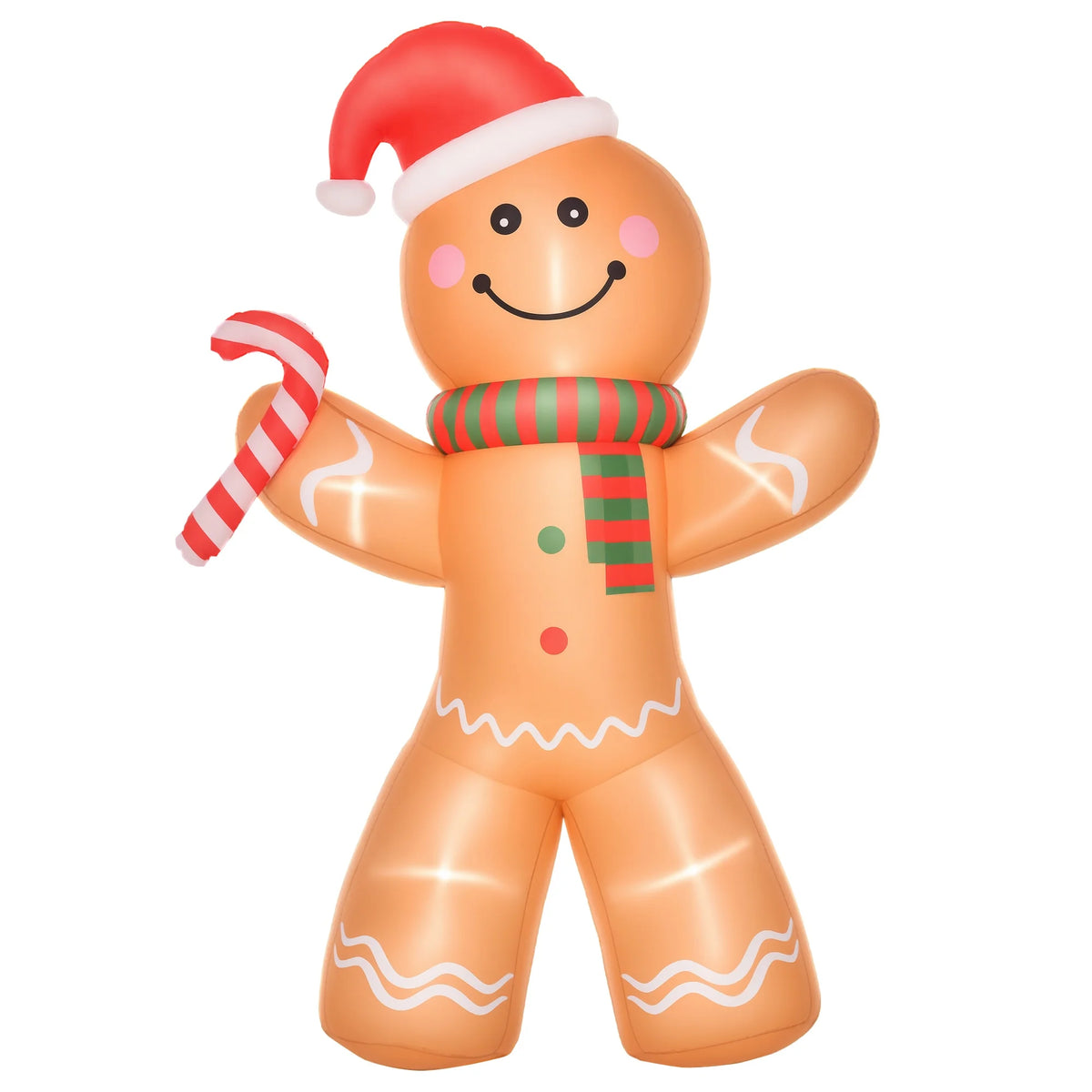 Gingercheer gingerbread inflatable holding a candy cane and wearing a Santa hat and red-and-green scarf
