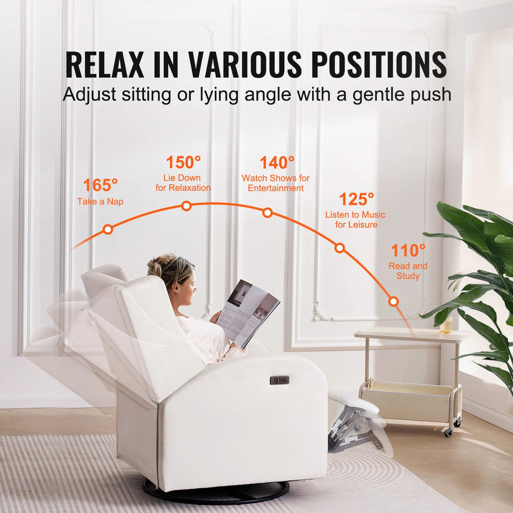 Off-white recliner graphic showing a reader and several backrest and footrest positions along a labeled reclining arc.