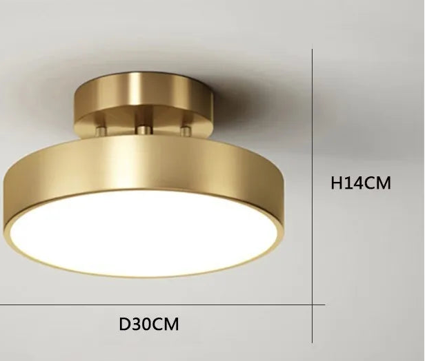 Gold ceiling light fixture with dimensions and specifications on a gray background