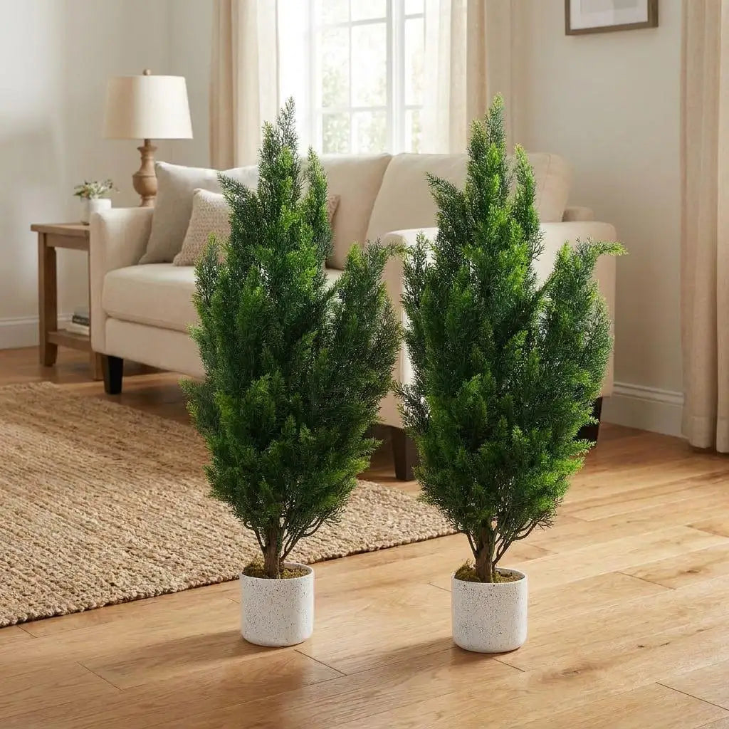 Two small artificial green cypress trees in white speckled pots, placed on a light wood floor in a staged living room setting with a sofa and lamp in the background.