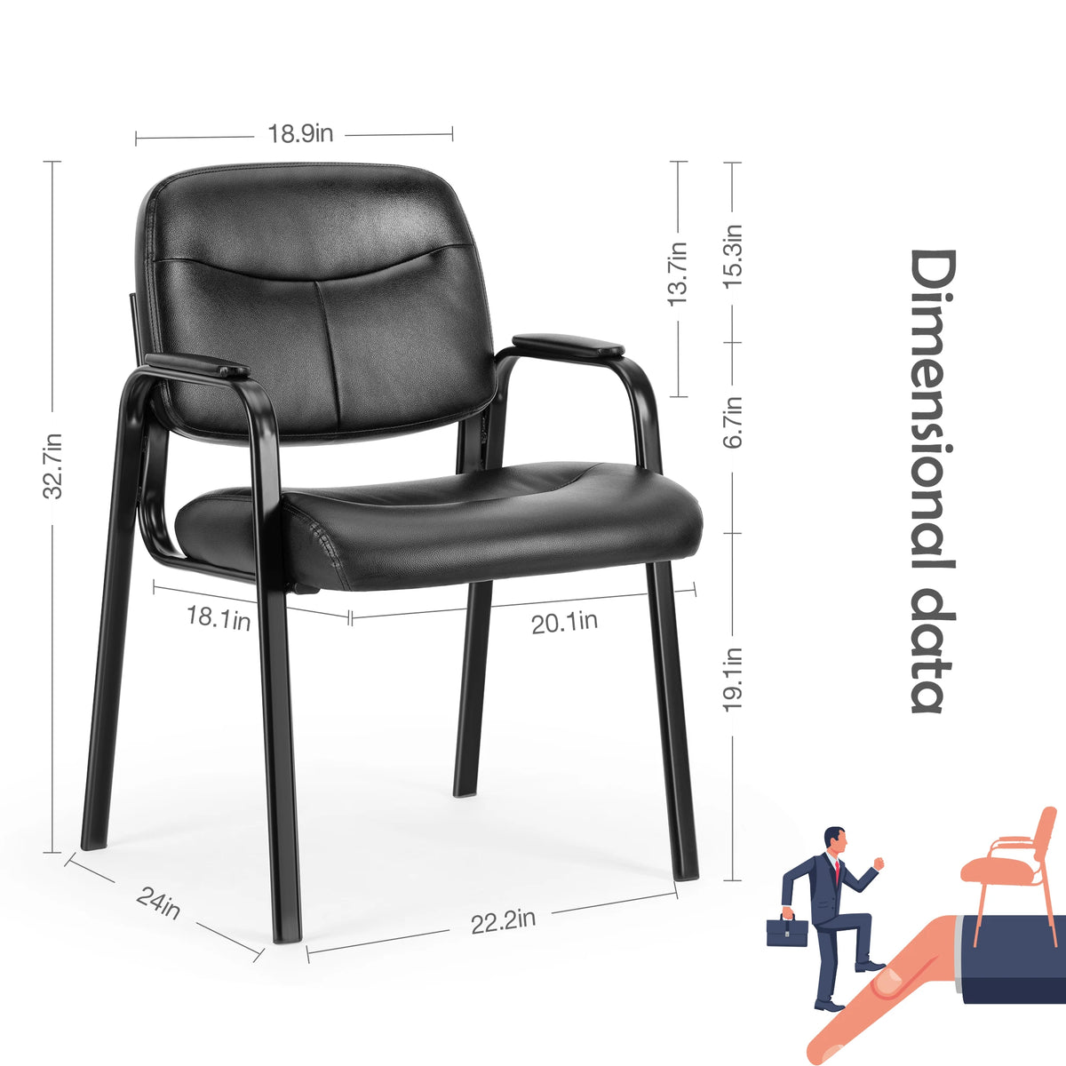 Rippleloom guest chair dimension graphic showing overall and seat measurements