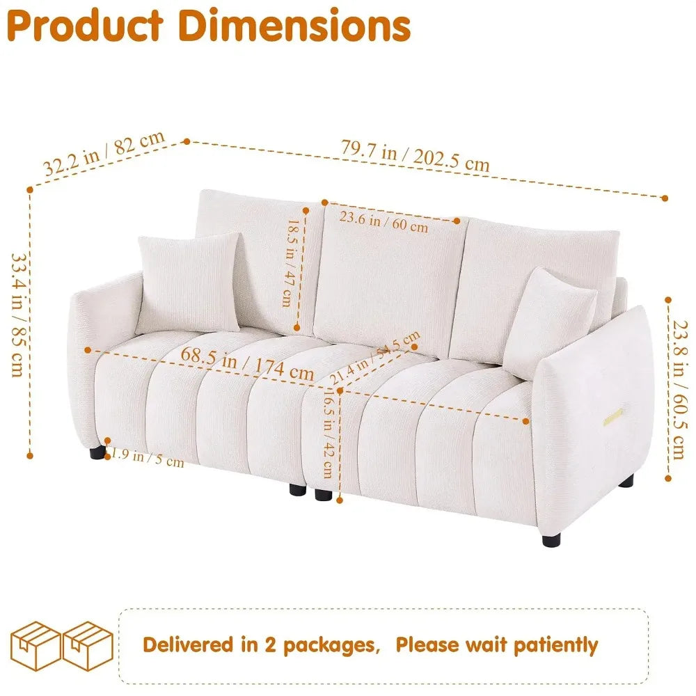 Loftelle measurement diagram with seat, back-cushion, arm-height and leg-height references.