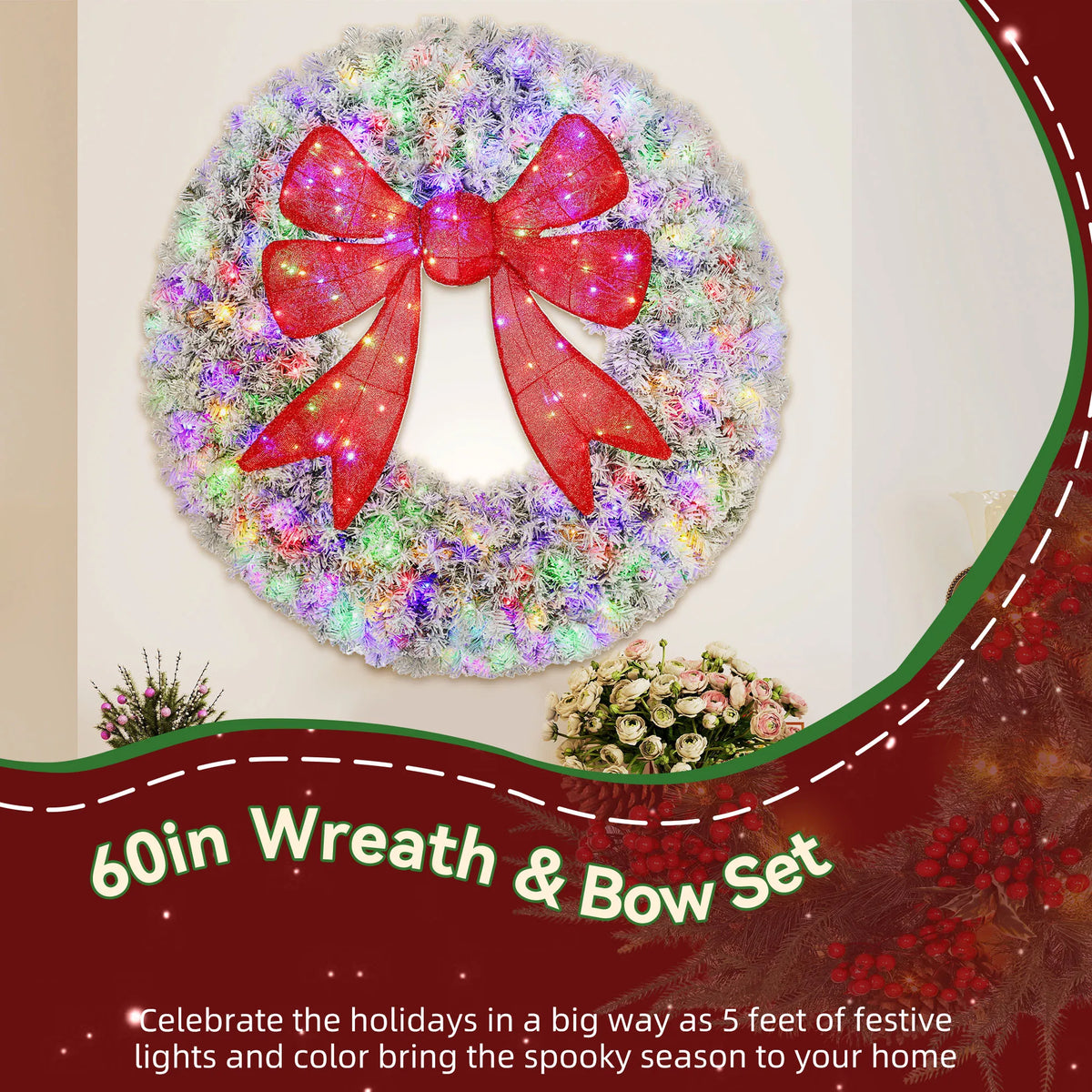 Frostbow 60-inch wreath and red bow set