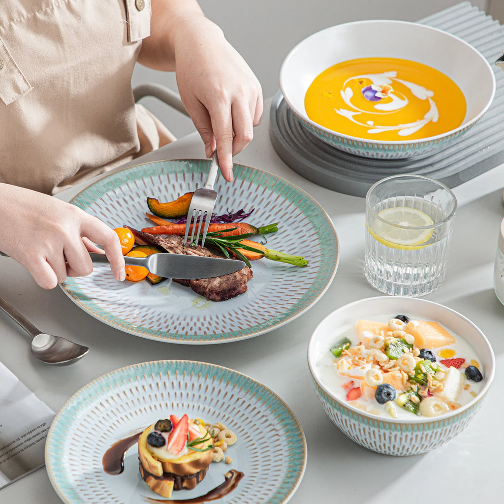 VANCASSO Pluvo Spring Series Stoneware Dinnerware Set – Green Trim, 16/32/48 Pieces