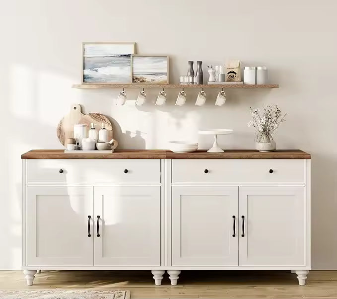 White sideboard with wooden top in a room setting