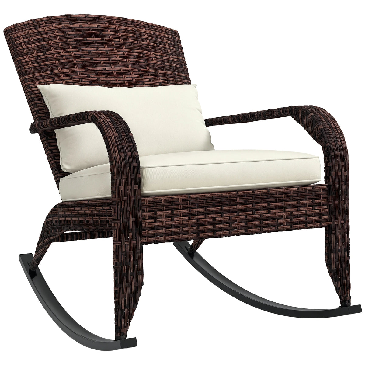 Three-quarter view of a brown woven rocking chair with a tall curved back, cream cushions and black rocker rails.
