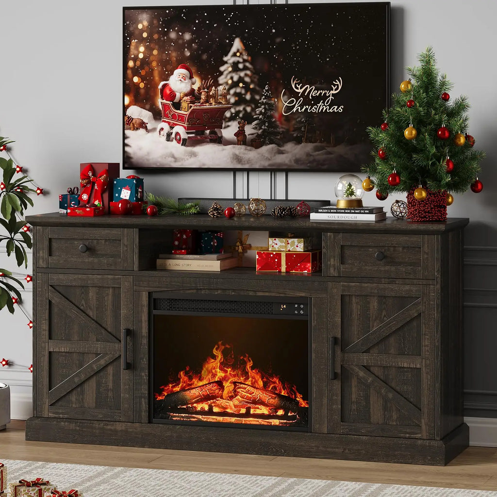 Rustic brown fireplace TV stand with barn-style doors and two drawers, staged with a television and holiday decor.