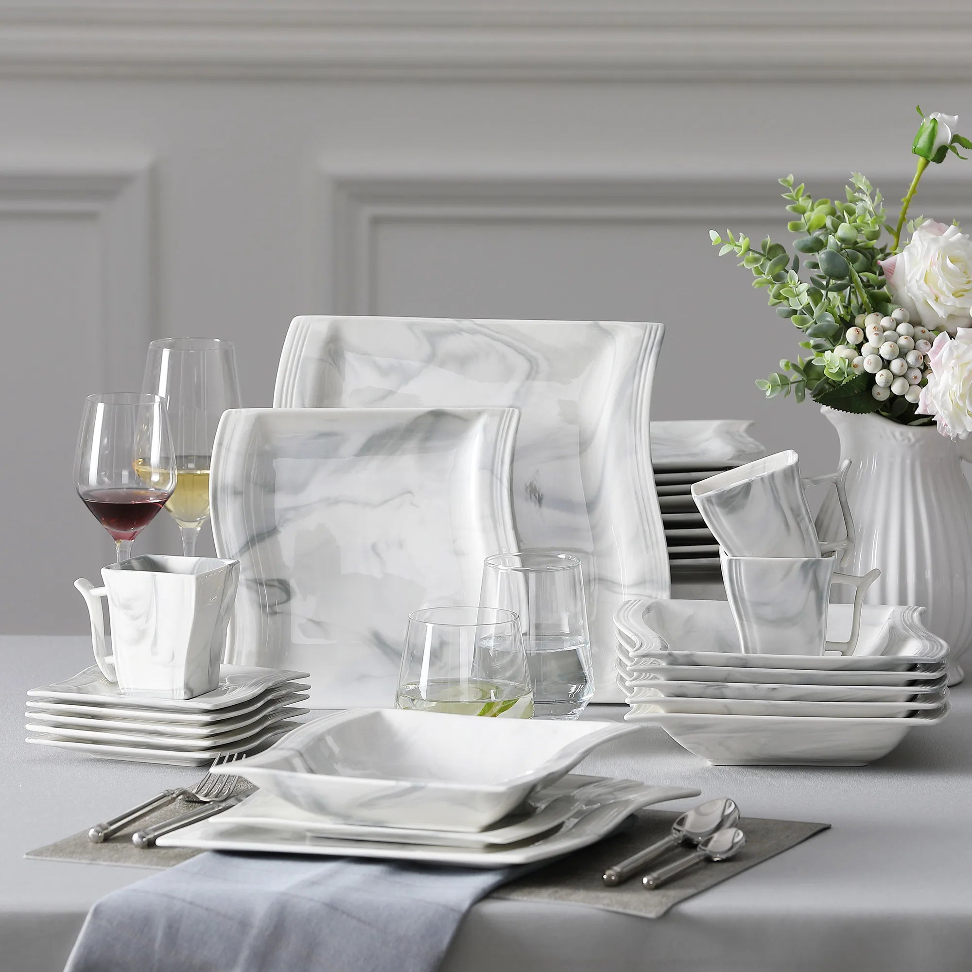 MALACASA Flora Gray & White Marble Porcelain Dinnerware Set – 30/60 Pieces
