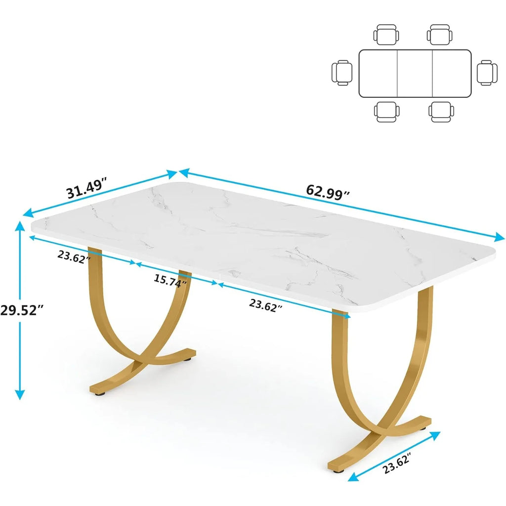 Dining table with marble top and wooden legs, shown with dimensions on a white background.