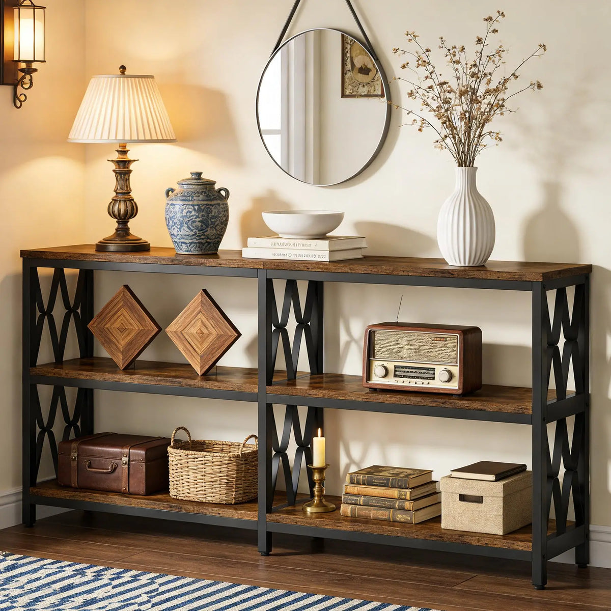 Balladcharm three-tier woodgrain and black metal console table in entryway
