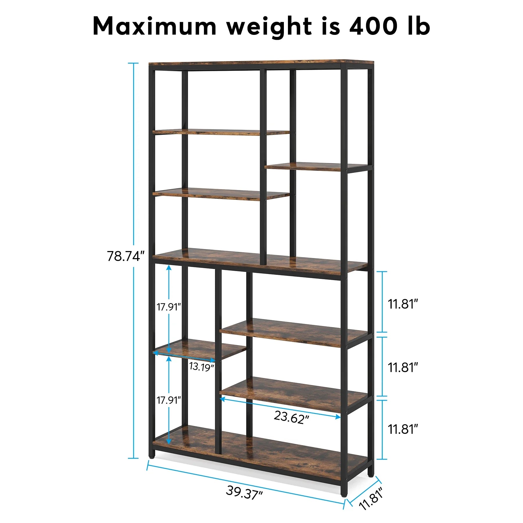 Bookshelf with dimensions and weight capacity on a white background